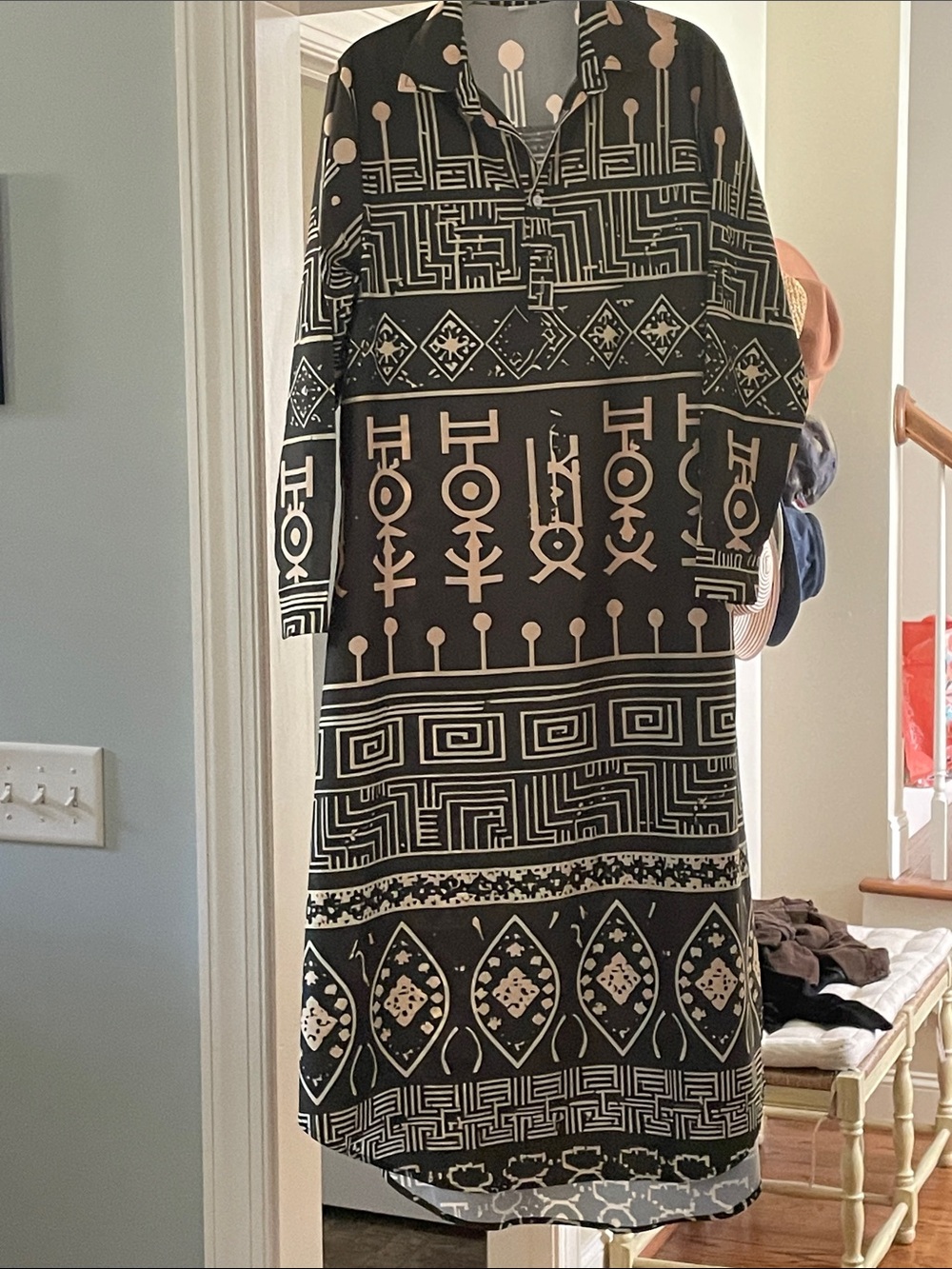 Olive green and Cream Geometric Print Shift Dress. Large